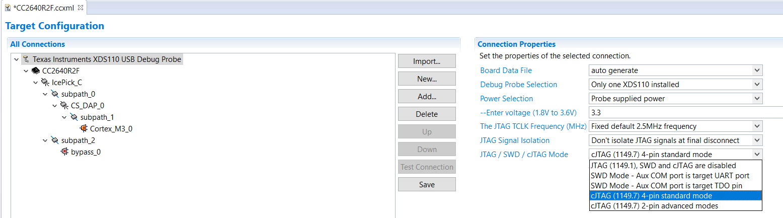 select "cJTAG 4-pin standard mode" in the target configuration file "CC2640R2F.ccxml"